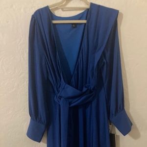 HALOGEN Royal blue long sleeve wrapped midi dress with attached belt